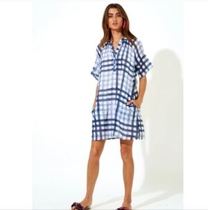 Oliphant Cotton Pocket Gingham  Metallic Blue Dress size XL